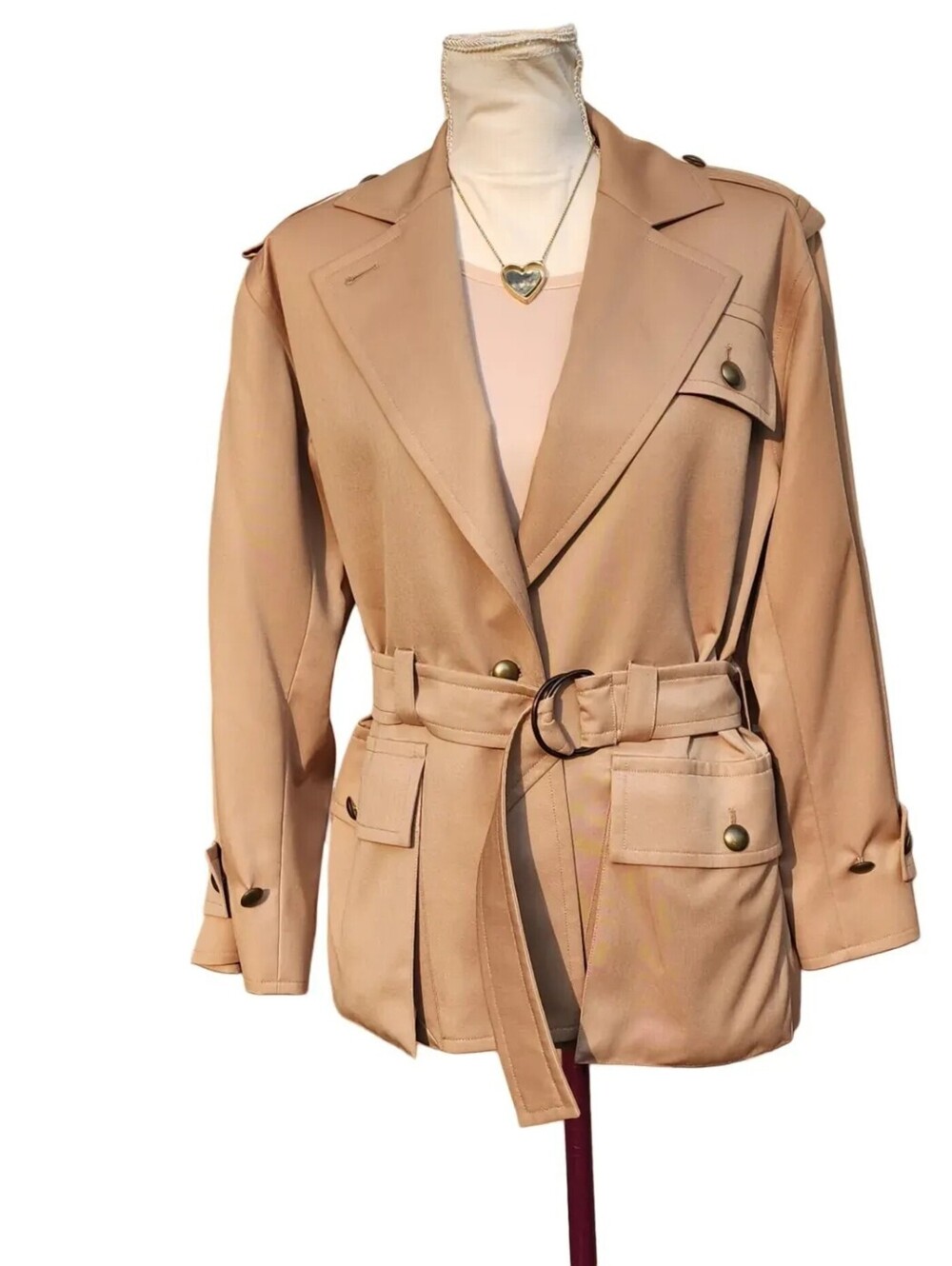 Vintage YSL Wool Trench Jacket Belted Short Coat Tan Camel, French Size 40